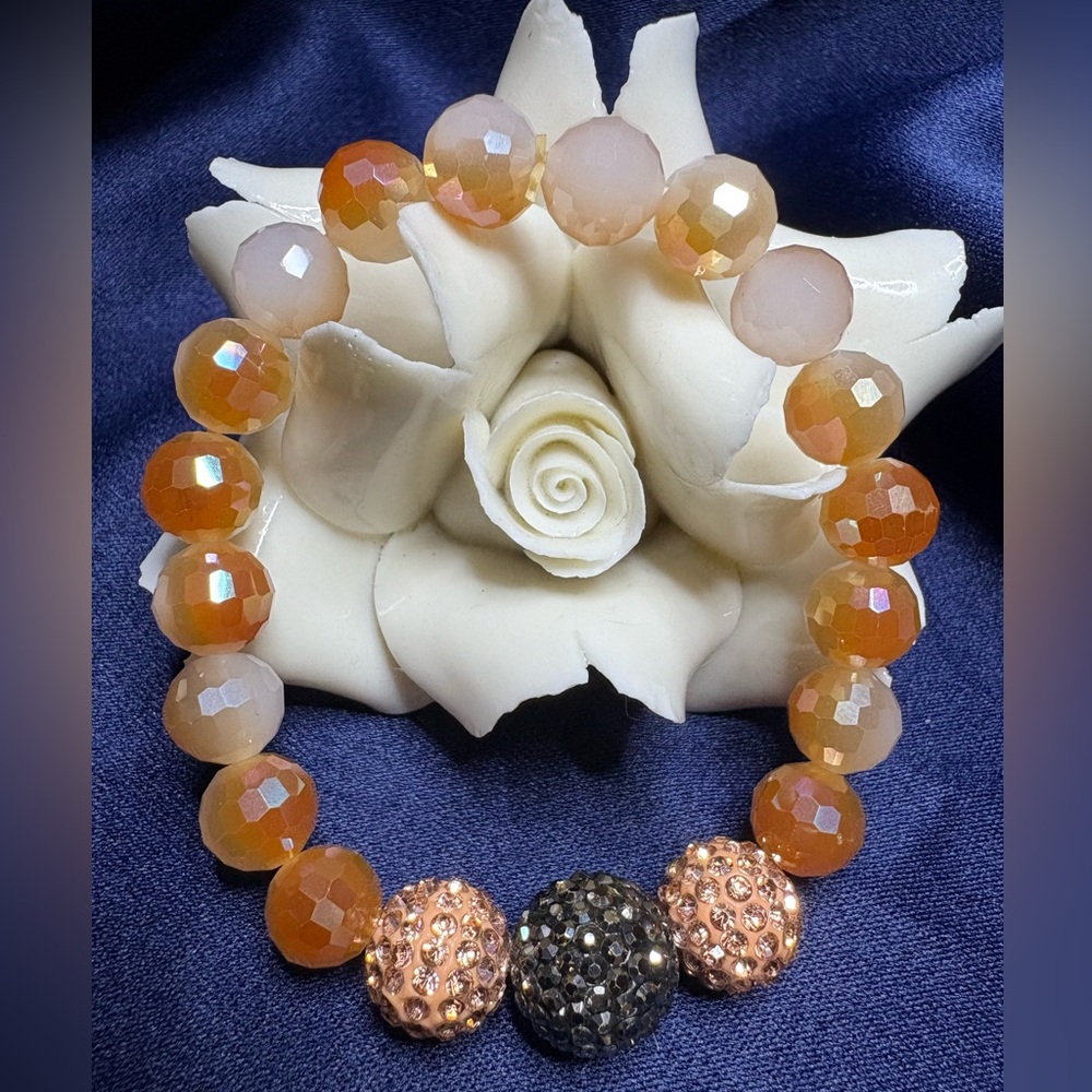 Bracelet Faceted Glass Beaded Stretch Brown Orange White Rust
